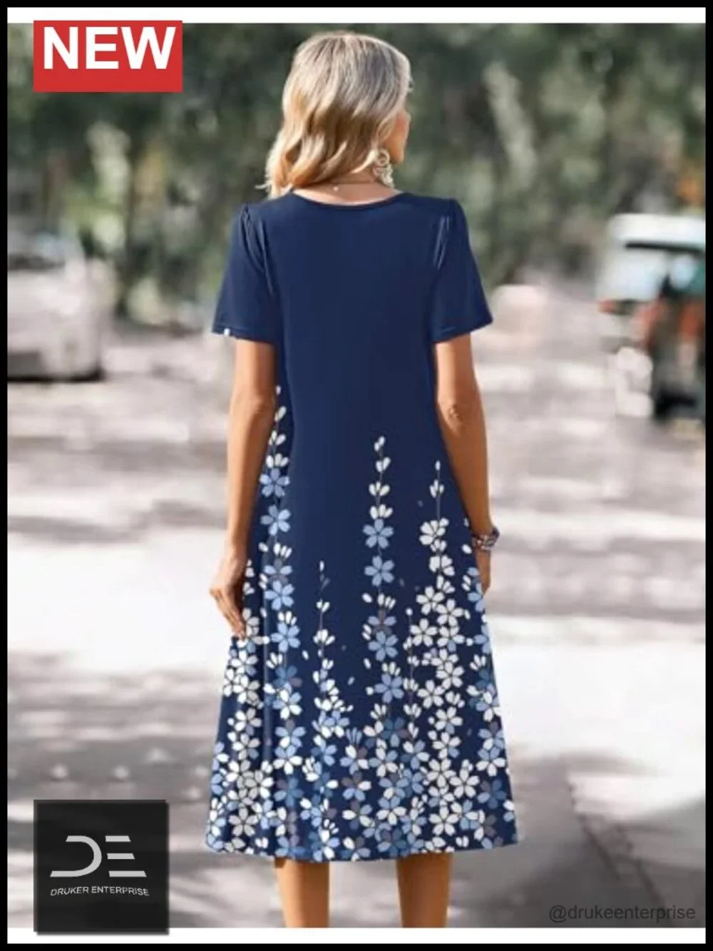 Women's Casual Floral Midi Sundress with Pockets V Neck Pleated Short Sleeve